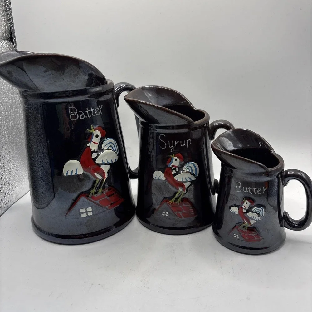 Vtg 50s Redware‎ Rooster Pottery Pancake Pitchers Batter Syrup Butter Japan
